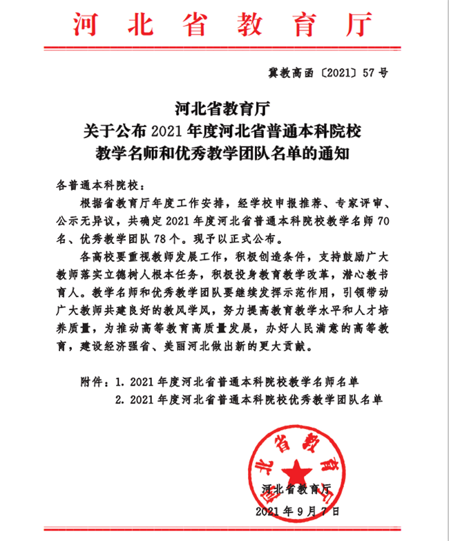 我校教師安存紅及國際經(jīng)濟(jì)與貿(mào)易一流專業(yè)教學(xué)團(tuán)隊(duì)分獲河北省“教學(xué)名師”、“優(yōu)秀教學(xué)團(tuán)隊(duì)”榮譽(yù)稱號(hào)